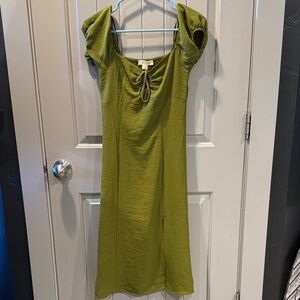 Chic Olive Midi Dress with Puff Sleeves